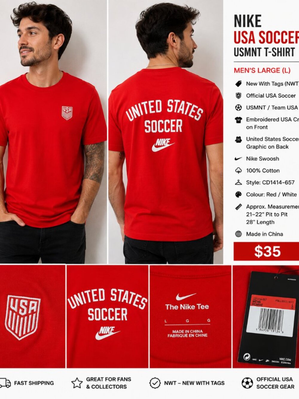 Nike USA Soccer USMNT T-Shirt Men’s L Red NWT